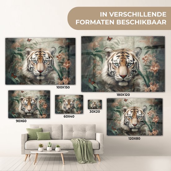 Peinture sur verre - Tigre - Fleurs - Blinder - Animaux - Nature - Plaque de verre - Photo sur verre - Peintures sur verre salon - Peinture sur verre - 120x80 cm - Décoration murale - Décoration murale - Chambre - Décoration de chambre