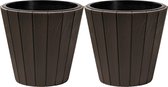 Prosperplast Plantenpot/bloempot Wood Style - 2x - buiten/binnen - kunststof - donkerbruin - D30 x H28 cm - met binnenpot