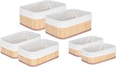 Kipit Badkamer/Toilet ruimte opbergmandjes - bamboe/stof wit - set 6x stuks - verschillende formaten