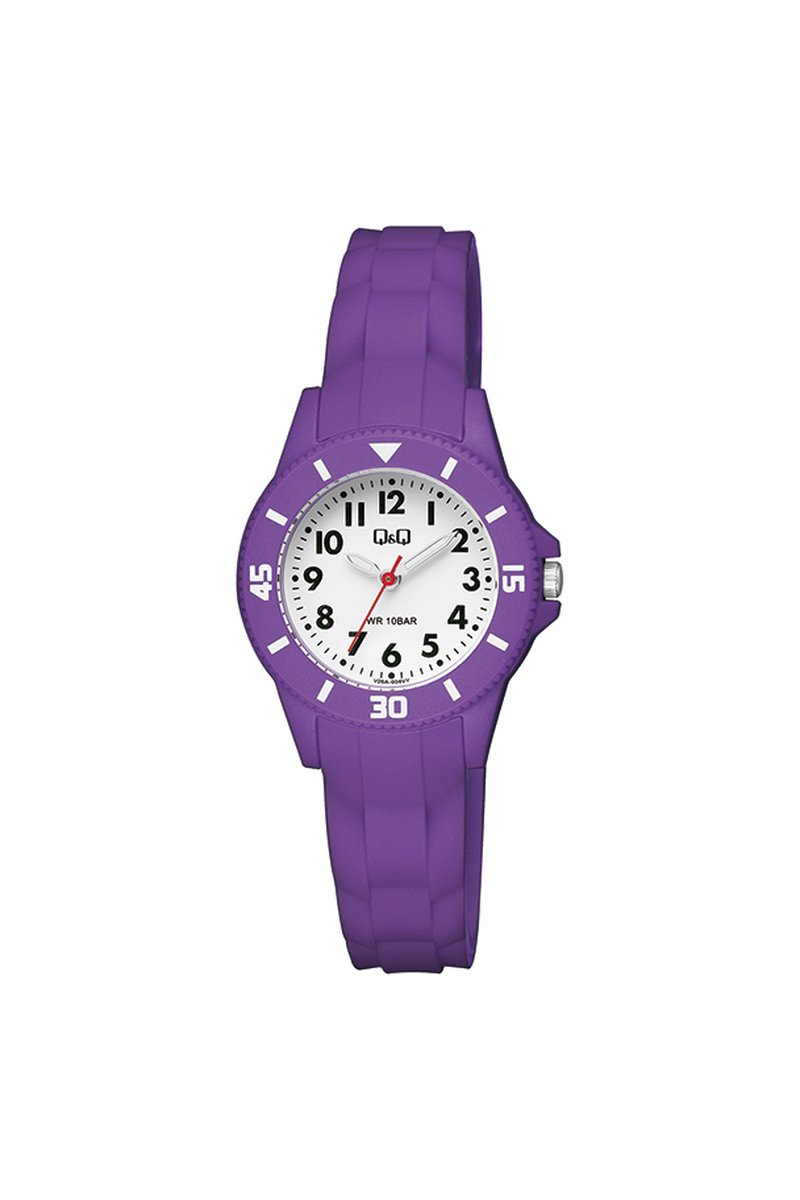 QQ V26A-004VY - Horloge - Sport - Analoog - Kinderen - Unisex - Plastic band - Rond - Kunststof - Cijfers - Paars - Wit - 10 ATM