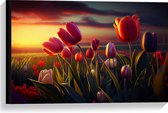 Canvas - Kleurrijke Tulpen in Bloemenveld - 60x40 cm Foto op Canvas Schilderij (Wanddecoratie op Canvas)