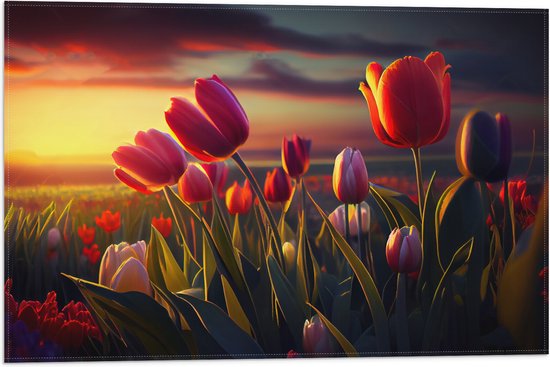 Vlag - Kleurrijke Tulpen in Bloemenveld - 60x40 cm Foto op Polyester Vlag