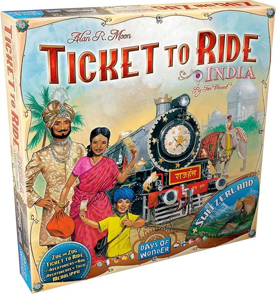 Doosspel 'Ticket to Ride India'. Indiase man in bruidsgewaad, vrouw in sari, jongen met tulband, trein, olifant en Zwitserse bergketen met koe.