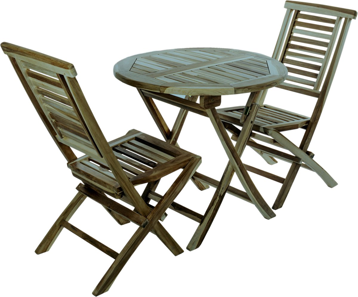 PrimeMatik - Set ronde tafel 80 cm en 2 stoelen voor buitentuin in gecertificeerd teakhout