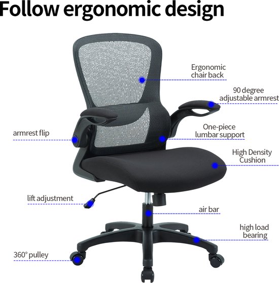 Brasq Bureaustoel Zwart - Ergonomisch Met Ademend Mesh En