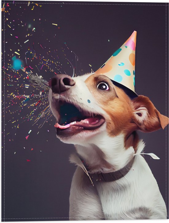 Vlag - Jarige Hond met Feesthoed en Confetti - 30x40 cm Foto op Polyester Vlag