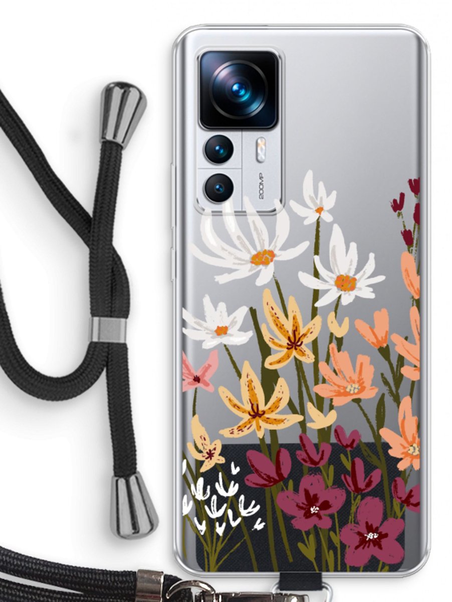 Case Company® - Hoesje met koord geschikt voor Xiaomi 12T hoesje met Koord - Painted wildflowers - Telefoonhoesje met Zwart Koord - Bescherming aan alle Kanten en Over de Schermrand