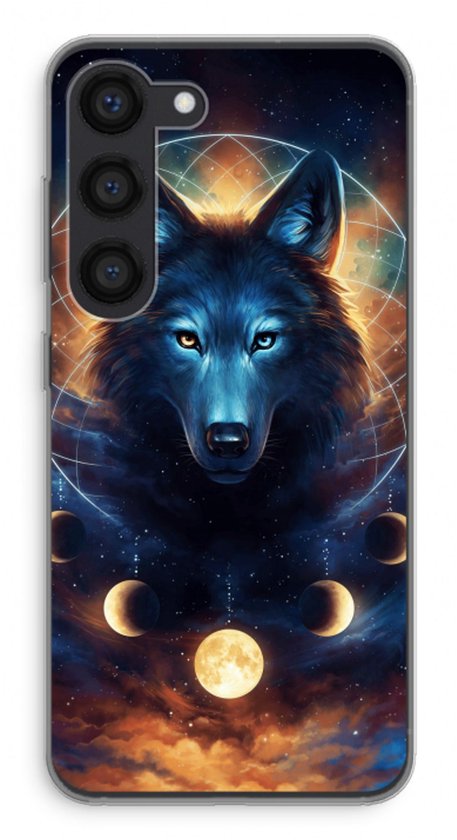 Transparant hoesje voor Samsung Galaxy S23 met een print van een wolf en maanfasen