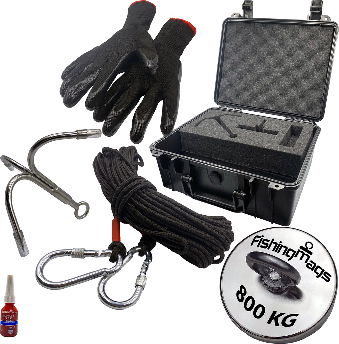 FishingMags - Magneetvissen - Vismagneet - Luxe koffer - 800 KG - 20m Touw - Dreghaak - Schroefborgmiddel - Handschoenen - Karabijnhaak