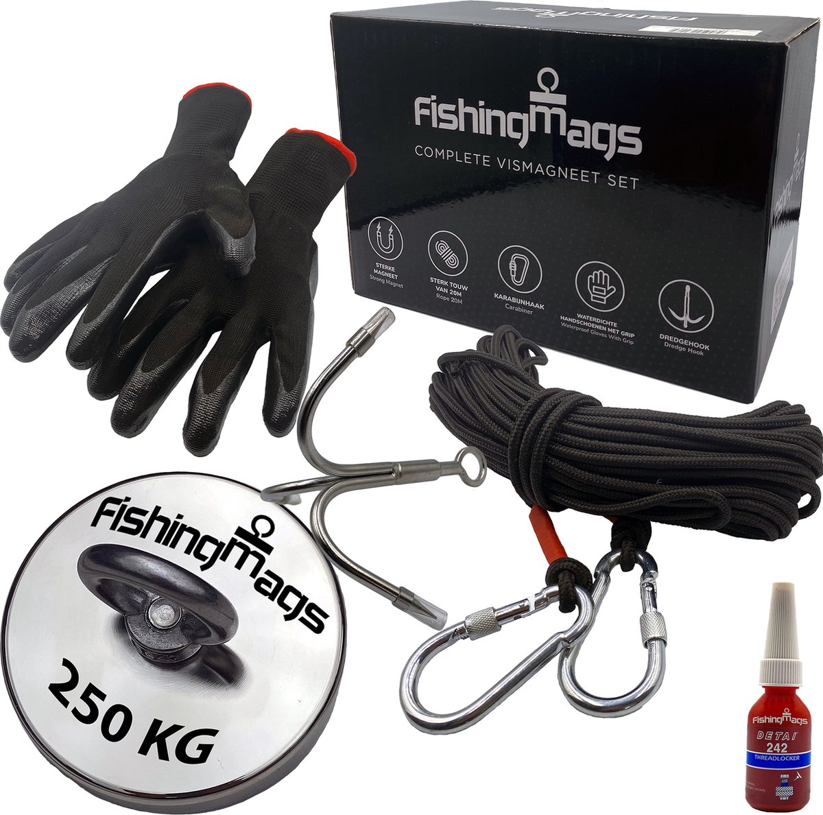 FishingMags - Magneetvissen set - Magneetvissen - Vismagneet - 250 KG - 20m Touw - Dreghaak - Schroefborgmiddel - Handschoenen - Karabijnhaak
