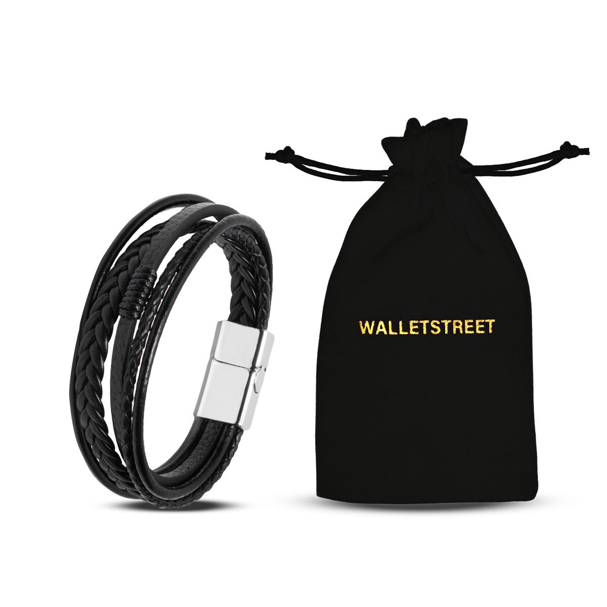 Walletstreet Armband Heren - Zwart Snoeren - Leer en RVS - Mannen Armbandje 21 cm-voor mannen en vrouwen-Kerstcadeau-Ideale geschenk