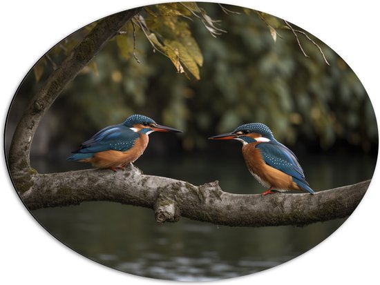 Dibond Ovaal - Twee ijsvogels zitten op tak die boven het water hangt - 68x51 cm Foto op Ovaal (Met Ophangsysteem)