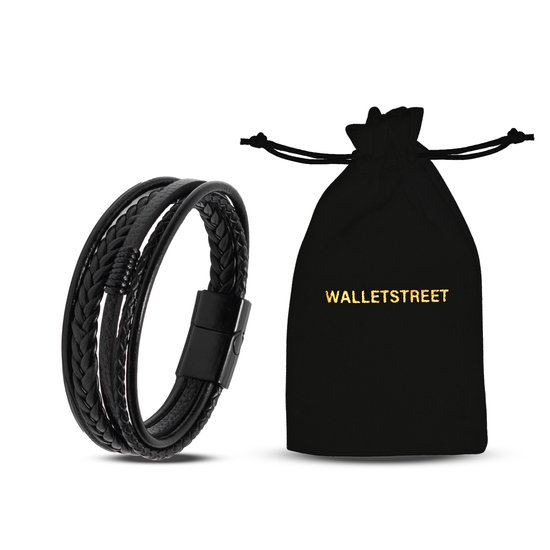 Walletstreet Armband Heren - Zwart Snoeren - Leer en RVS - Mannen Armbandje 21 cm-voor mannen en vrouwen-Kerstcadeau-Ideale geschenk