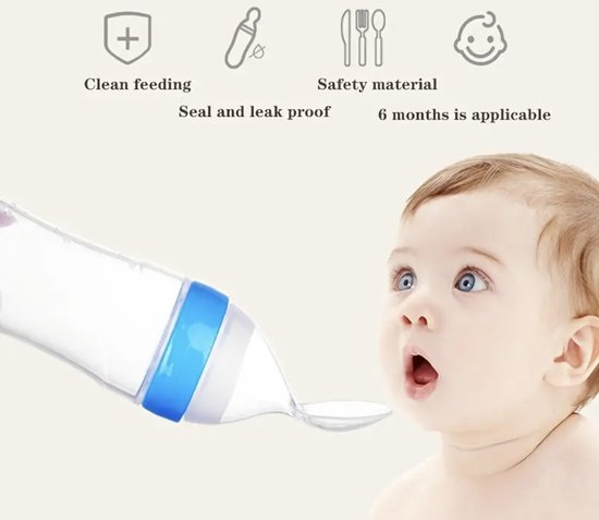 Babyflesje - 90 ml Baby Voedingslepel - Knijpfles - BPA vrij - Siliconen Zuigfles/lepel voor zuigeling - Blauw