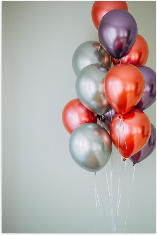 Poster (Mat) - Ballonnen - Metallic - Rood - Paars - Zilver - 70x105 cm Foto op Posterpapier met een Matte look