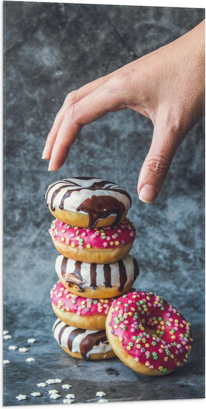 Vlag - Donuts - Gestapeld - Sprinkels - Hand - Kleurrijk - 50x100 cm Foto op Polyester Vlag