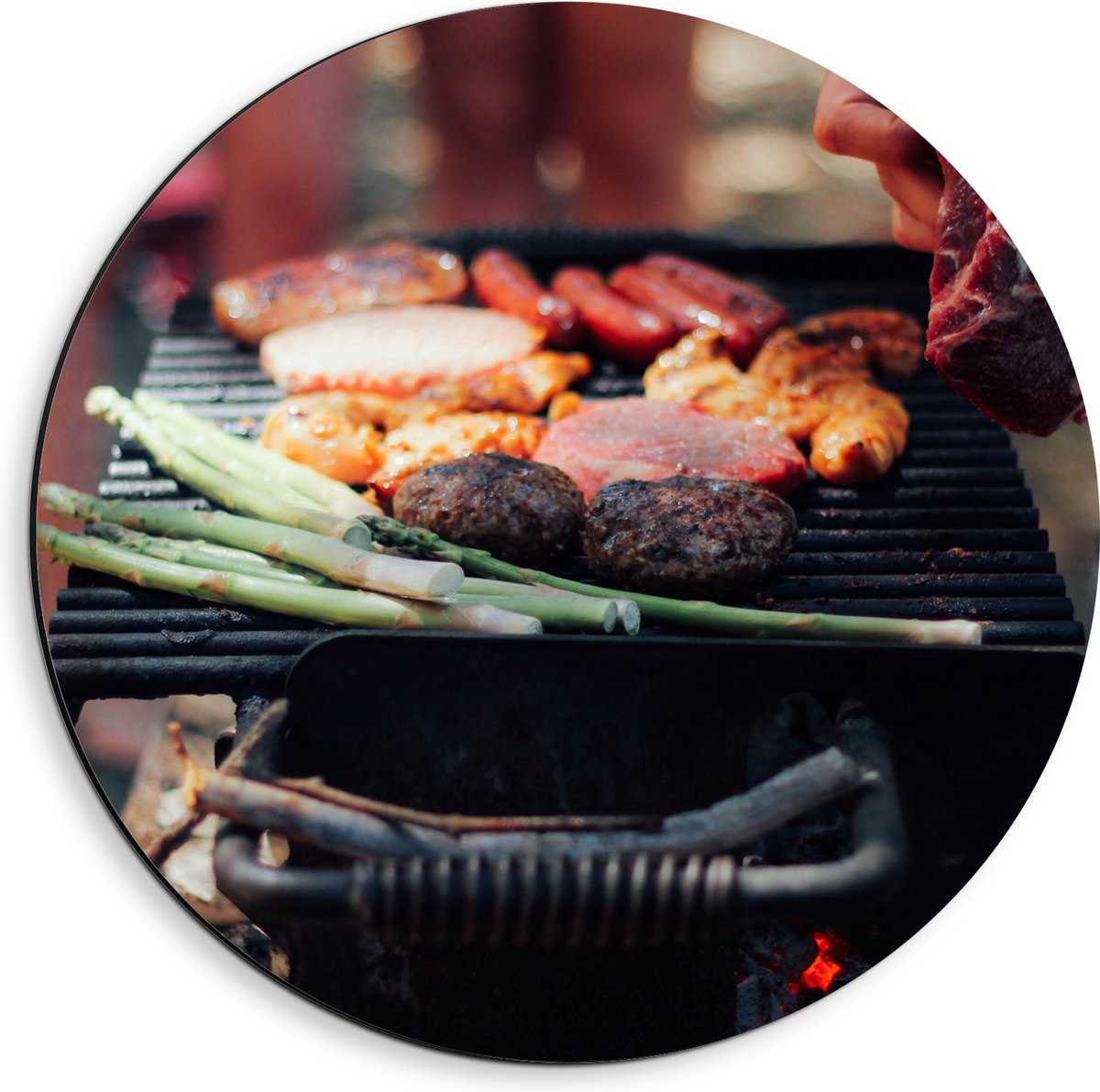 Dibond Muurcirkel - Barbecue - Vlees - Groenten - Kolen - Natuur - 40x40 cm Foto op Alumin