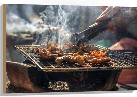 Hout - Barbecue - Kool - Rook - Tang - Vlees - Bakken - Eten - Buiten - 90x60 cm - 9 mm dik - Foto op Hout (Met Ophangsysteem)