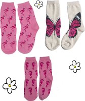 Nature Planet -kindersokken - set van 3 roze sokken - flamingo - vlinder - zeepaardje (100% Oeko-tex gecertificeerd) maat 29-34