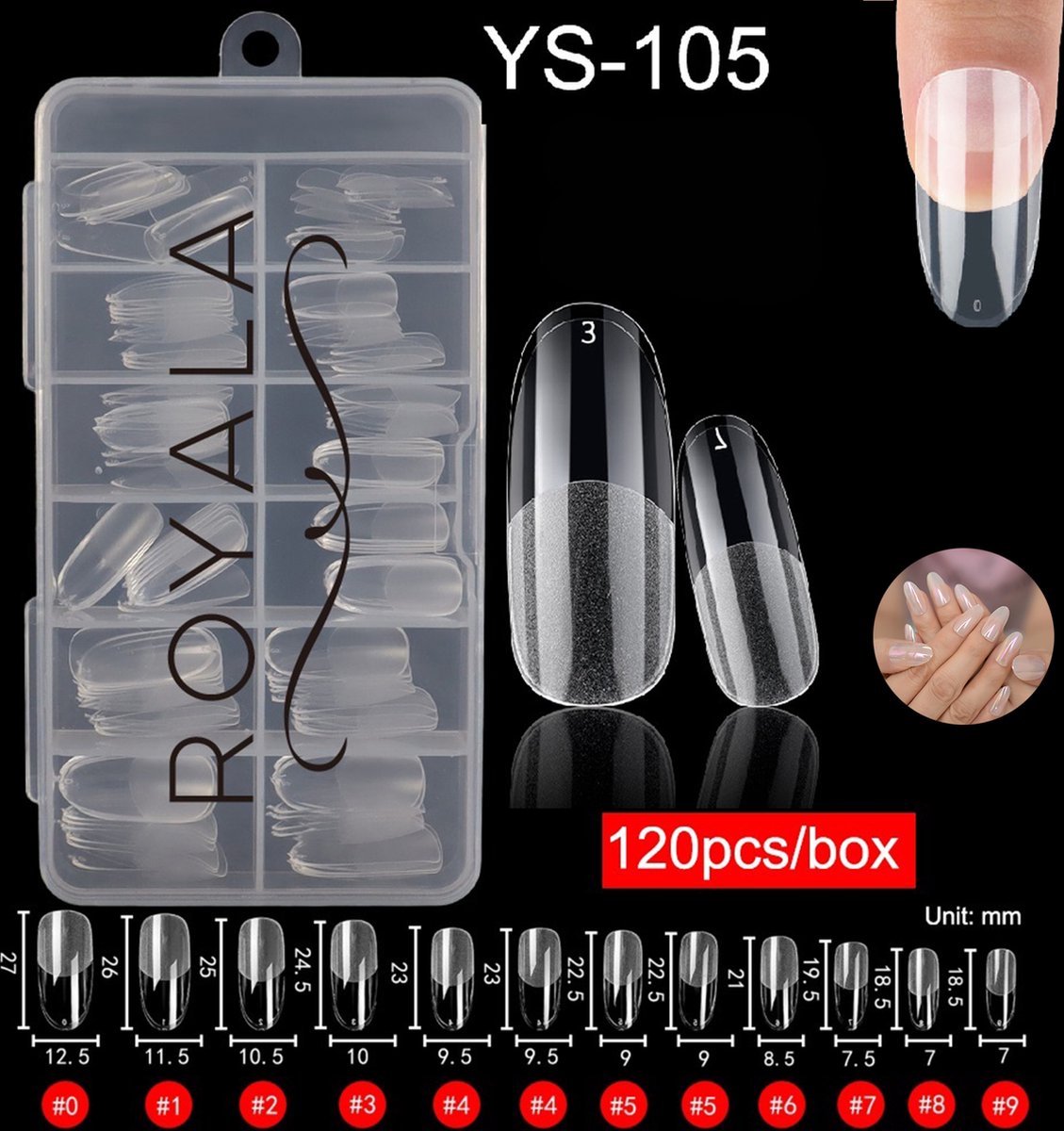 Royala 105 - Oval Long Half Frosted - Full Cover - Nageltips - Nepnagels - Plaknagels - In Assortimentsbox - 120 stuks 12 maten - Voor Gellak Acrylnagellak en PolyGel nagels - Royala Frosted Tips Line