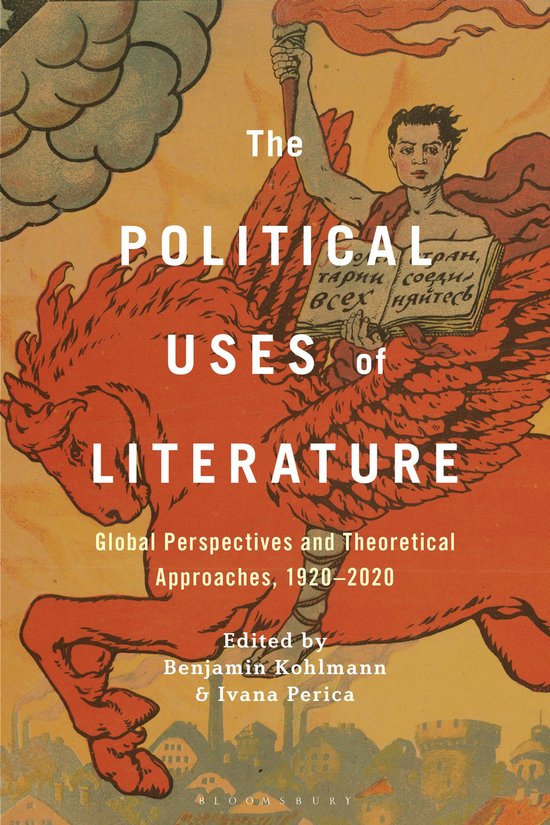 Boekomslag met rode leeuw met vleugels, bereden door een man met fakkel en boek. Titel: The Political Uses of Literature.