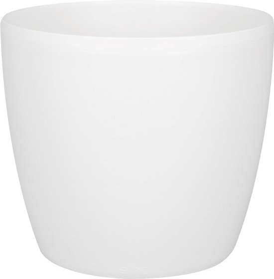 Un pot de fleurs rond, blanc et mat.