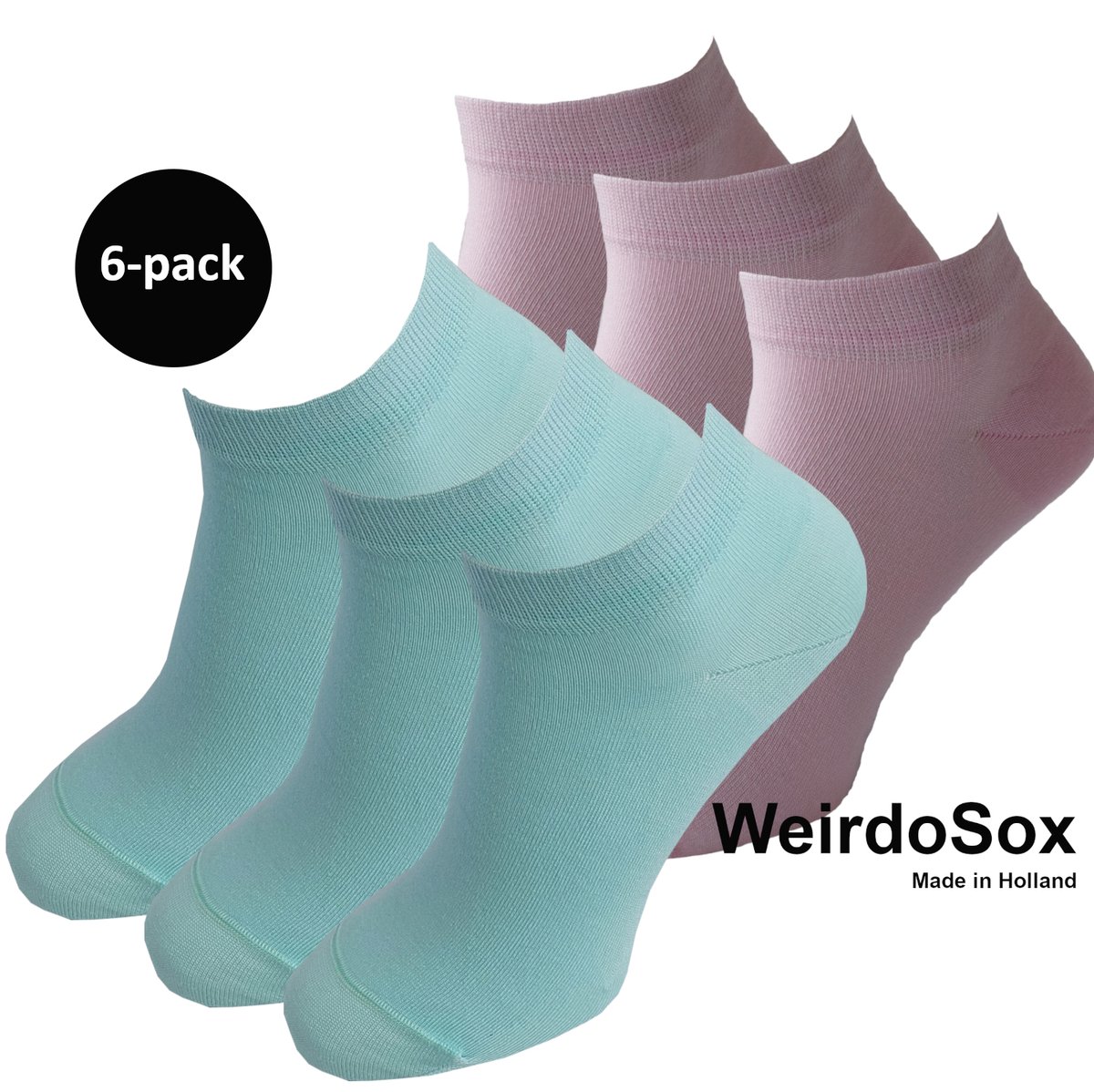 WeirdoSox Bamboe naadloze sneaker sokken Mintgroen / zacht Roze - Anti zweet - Anti bacterieel - Dames en heren - 6 Paar - Maat 35/38