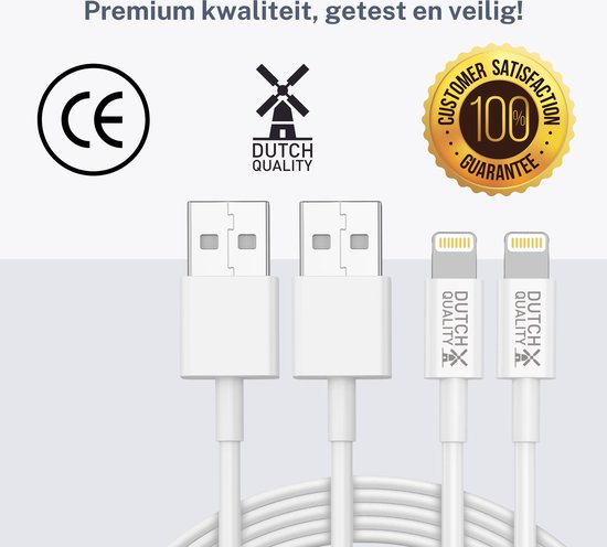 Dutch Quality® - 2x oplader kabel USB-A 2 Meter geschikt voor Apple iPhone 6/7/8/X/XS/XR/11/12/13/14/SE/Mini/Pro/Max - Geschikt voor lightning naar USB A - Wit – Premium Oplaadset (2-pack) - Dutch Quality