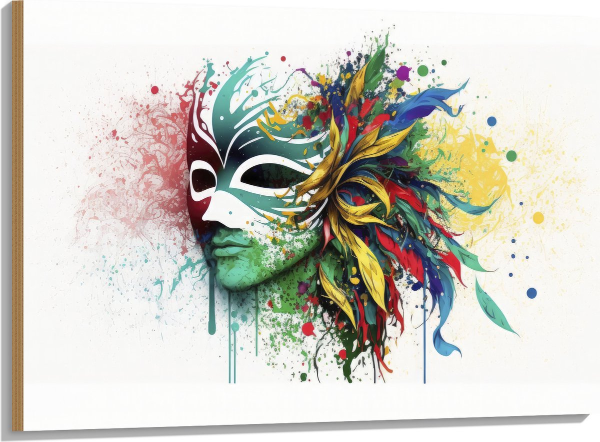 Hout - Waterverf Tekening van Kleurrijke Carnavals Masker tegen Witte Achtergrond - 100x75 cm - 9 mm dik - Foto op Hout (Met Ophangsysteem)