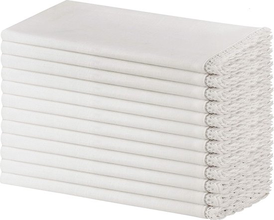 Paquet de 12 - Coton flammé avec Serviettes de Table en Dentelle au Crochet 50 CM x 50 CM (20 po x 20 po) de Couleur Blanche - Aspect Lin supérieur - Fibr