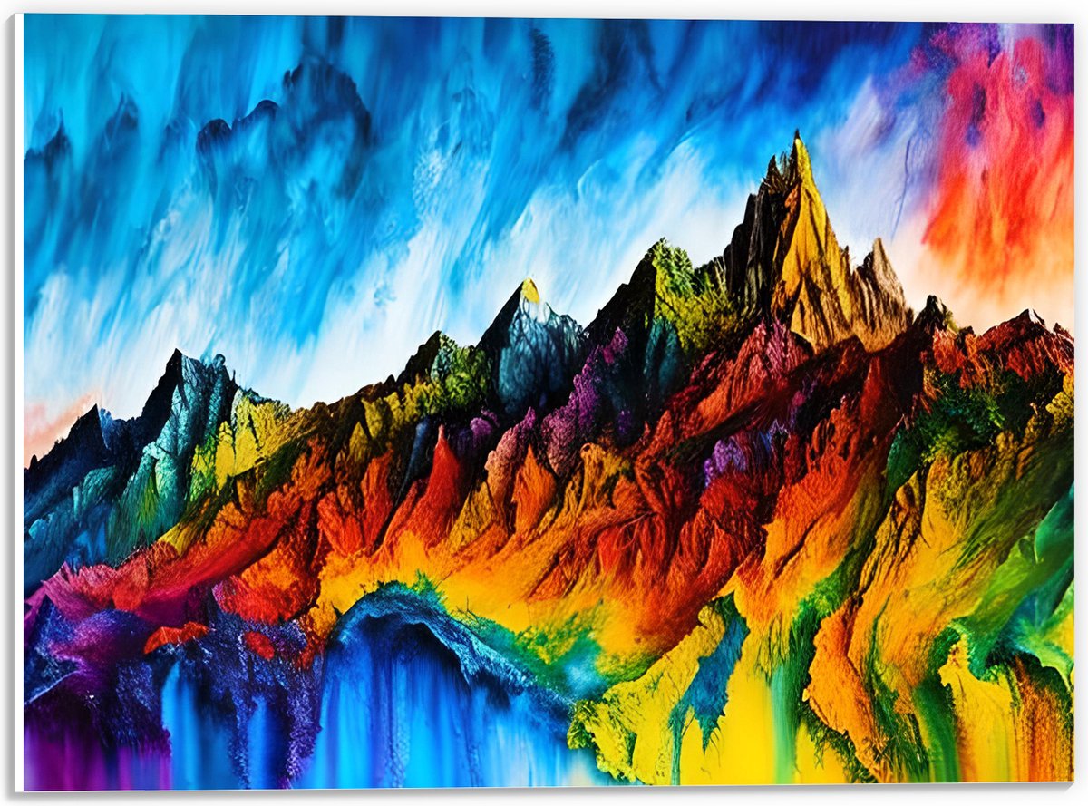 PVC Schuimplaat - Waterverf Tekening van Kleurrijke Bergen - 40x30 cm Foto op PVC Schuimplaat (Met Ophangsysteem)