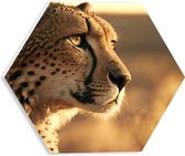 PVC Schuimplaat Hexagon - Zijaanzicht van Luipaard turend in de Verte - 30x26.1 cm Foto op Hexagon (Met Ophangsysteem)