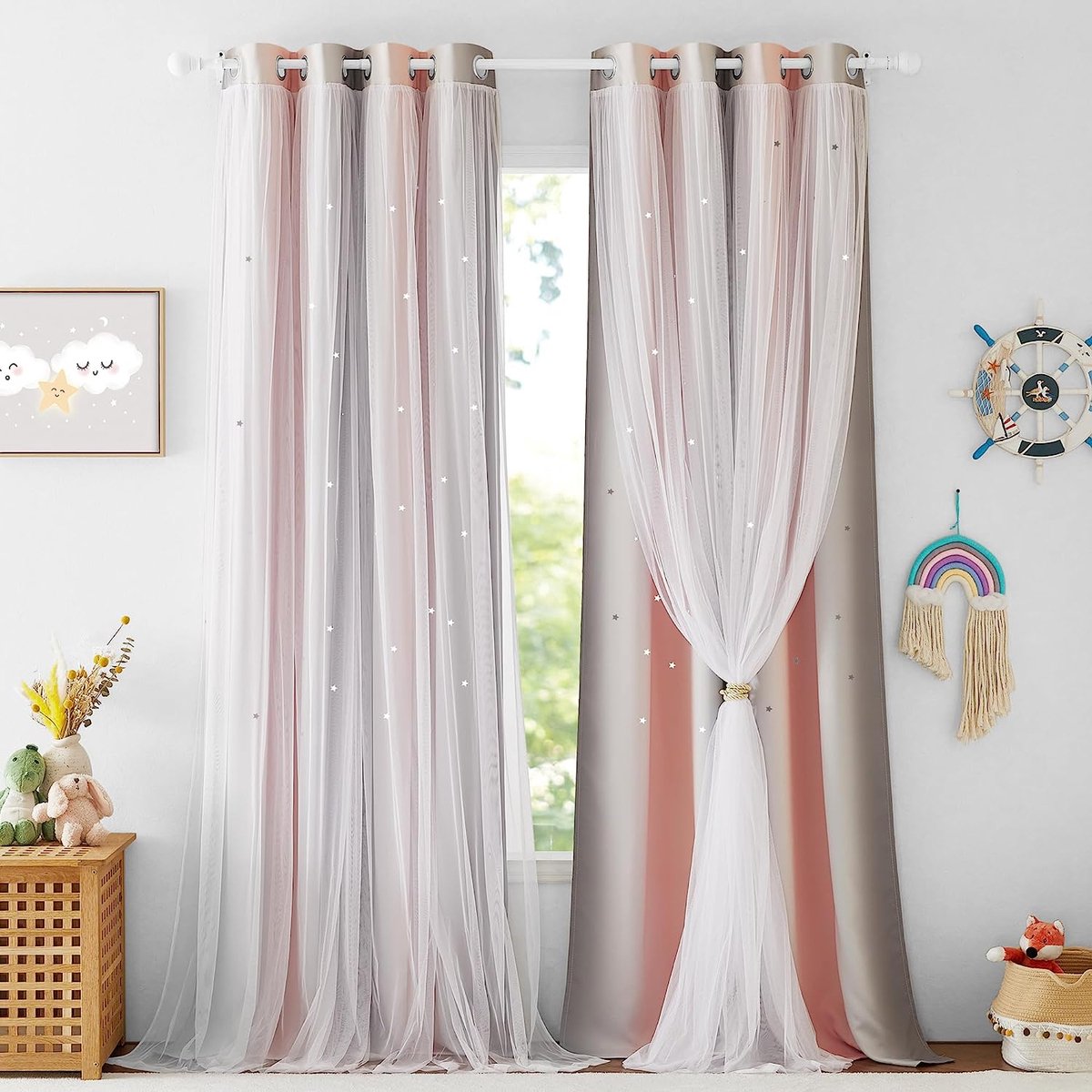 Nicetown Verduisteringsgordijn, voor kinderkamer, 2 stuks, met vitrage, met sterren, met ingestanste ringen, 240 x 132 cm (b x h), roze en grijs [Energieklasse A++]