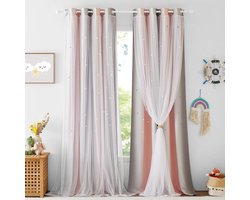 Nicetown Verduisteringsgordijn, voor kinderkamer, 2 stuks, met vitrage, met sterren, met ingestanste ringen, 240 x 132 cm (b x h), roze en grijs (Energieklasse A++)