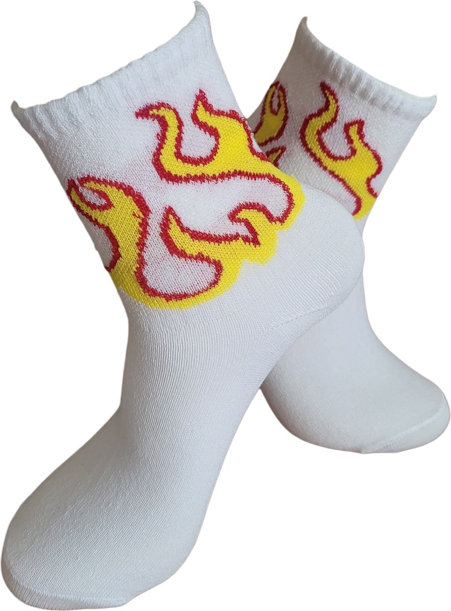 Verjaardags cadeau - Vuur Sokken - leuke sokken - vrolijke sokken - witte sokken - tennis sokken - sport sokken - valentijns cadeau - sokken met tekst - aparte sokken - grappige sokken - Socks waar je Happy van wordt - maat 36-40