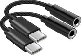 2x USB C naar 3.5mm Jack Adapter - Audiojack naar USB-C - Audiojack 3.5 - Audio Jack USB-C - Audio Jack Kabel - Zwart Gevlochten