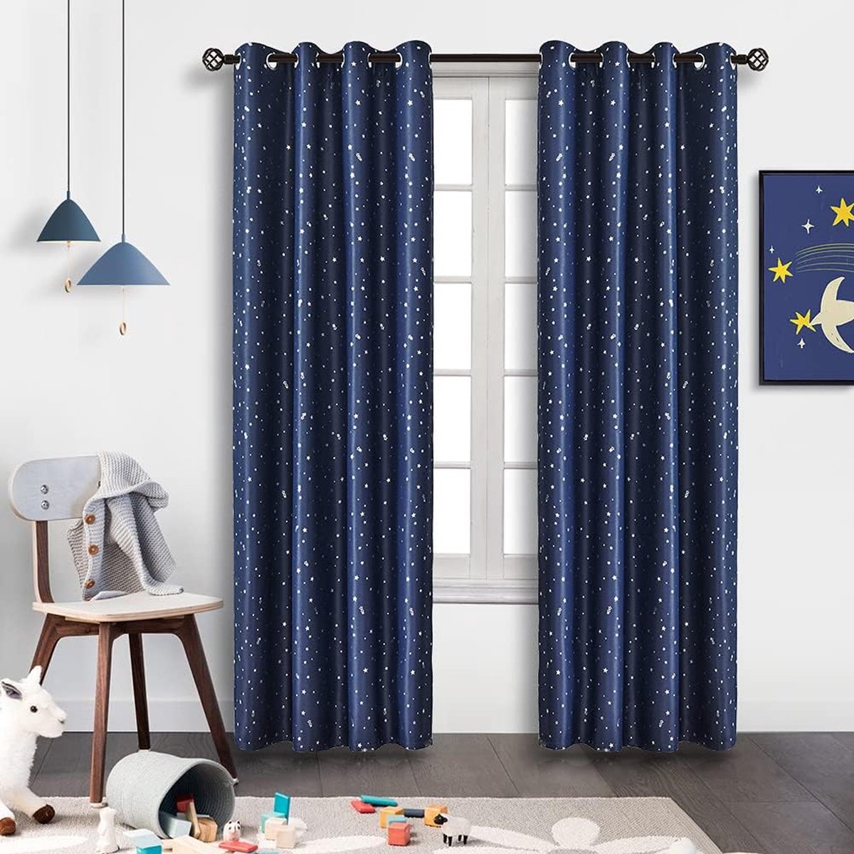 XiDi Gordijnen voor kinderkamer 132 × 183 cm voor kinderkamer volwassenen gordijnen schaduw met deurdecoratie van transparant glas sterren gesneden gordijnen ring groen blauw grijs / 132/183/2 IT