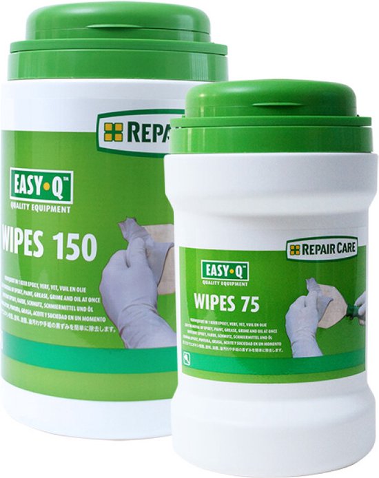 Twee witte potten met groene deksels en opdruk. "REPAIR CARE", "EASY-Q QUALITY EQUIPMENT" en "WIPES 150" en "WIPES 75" in groen. Afbeelding van handen met witte handschoenen die doekjes gebruiken.