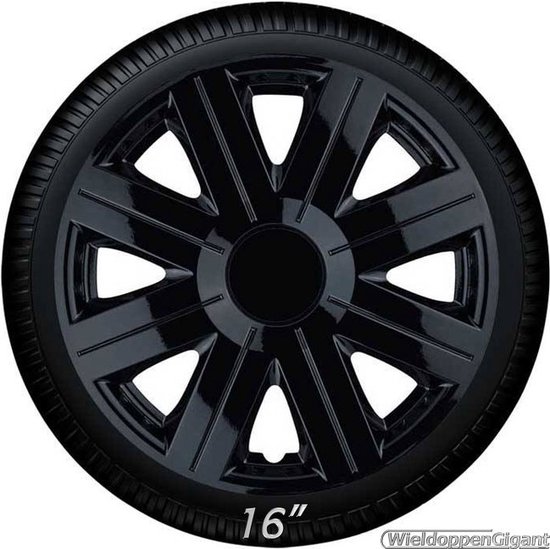 Glanzend zwarte wieldop van 16 inch met een complex, open spakenontwerp.