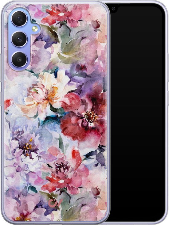 Hoesje geschikt voor Samsung Galaxy A34 - Bloemen Acryl - - Roze - Soft Case Telefoonhoesje - TPU Back Cover - Casevibes
