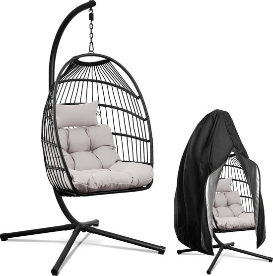 Swoods Egg Hangstoel – Hangstoel met standaard – Voor Binnen en Buiten – Incl. Kussens & Beschermhoes – Egg Chair – Cocoon – Ei Stoel – tot 150kg – Zwart/Lichtgrijs
