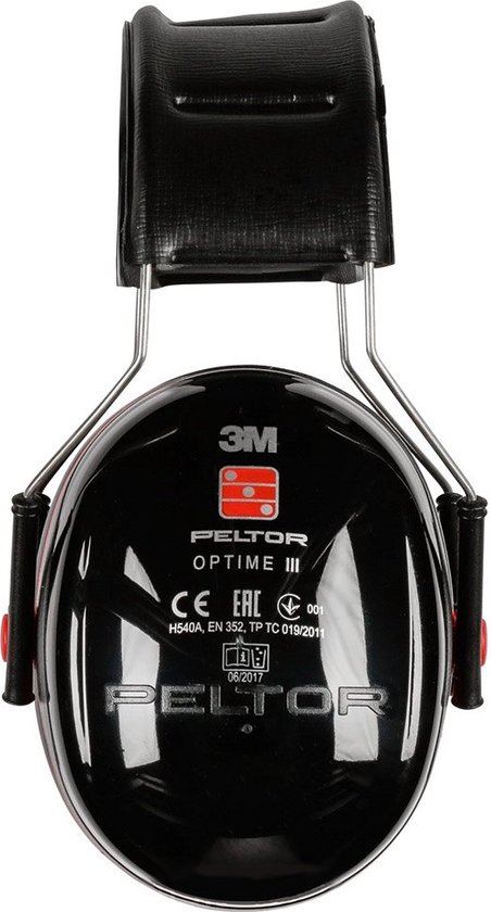3M Peltor Optime III gehoorbescherming. Zwarte glimmende bovenkant met logo. Met hoofdband.