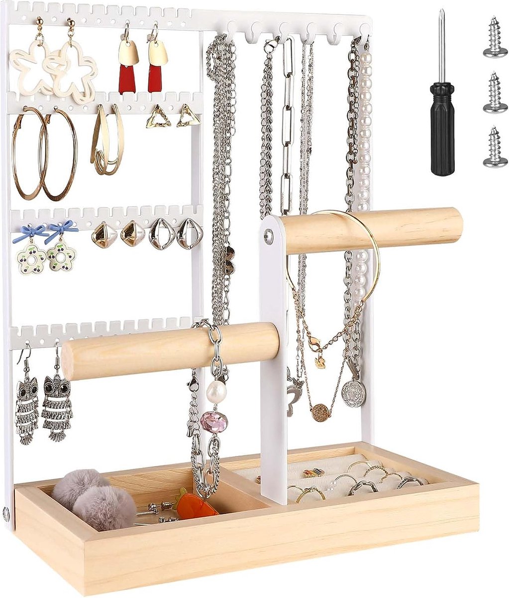 Sieradenstandaard, sieradenhouder, sieradenorganizer, kettinghouder van hout en metaal, 4-traps sieradenhouder, tentoonstellingsstuk, ringen, oorbellen, armbanden, horloges en accessoires