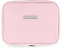 Roze pastel SUITSUIT toilettas met zilveren logo en ritssluiting.