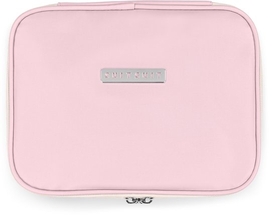 Roze pastel SUITSUIT toilettas met zilveren logo en ritssluiting.