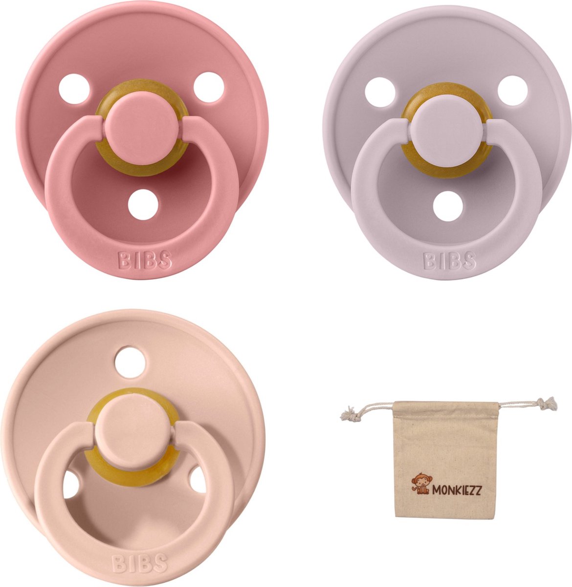 Goedkoopste Bibs fopspeen - maat 1 0-6 maanden - 3 stuks – Dusty Pink - Dusky Lilac - Blush Monkiezz speenzakje