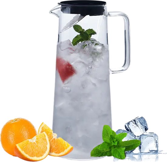 Waterkaraf 1.4L - Waterkan met Deksel En Filter - Glas - Zwart - Glazen Karaf 1,4 Liter
