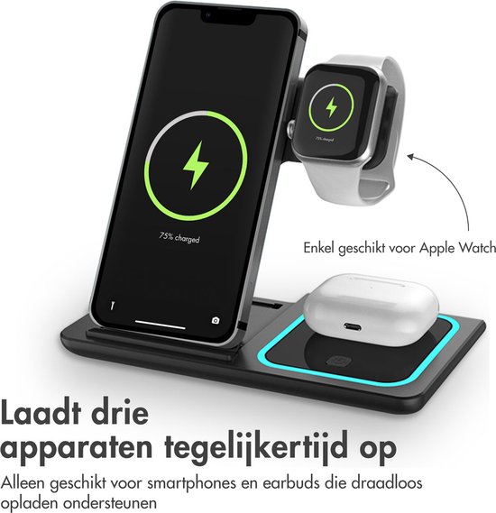 iMoshion 3 in 1 Draadloze Oplader - Opvouwbare Wireless Charger 15 W -  Geschikt voor... | bol.com