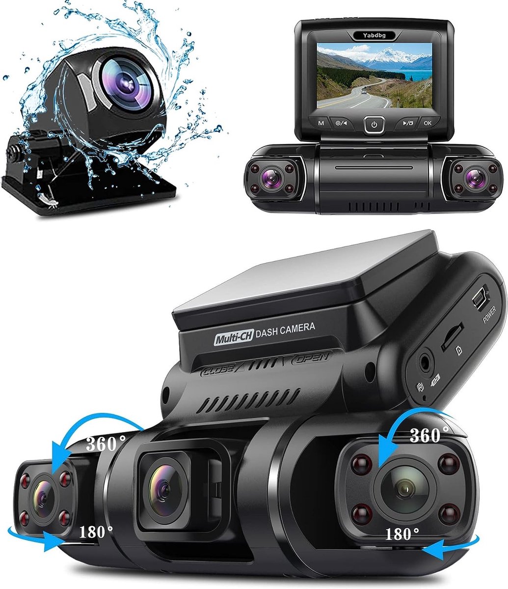 Yabdbg Dashcam Quad 4 x 1080P voor links, rechts en achter, autocamera met GPS 24/7 parkeermodus, FHD infrarood nachtzicht dashcam auto, 150 graden groothoek WDR 3 inch TFT G-sensor Max 256 GB D70