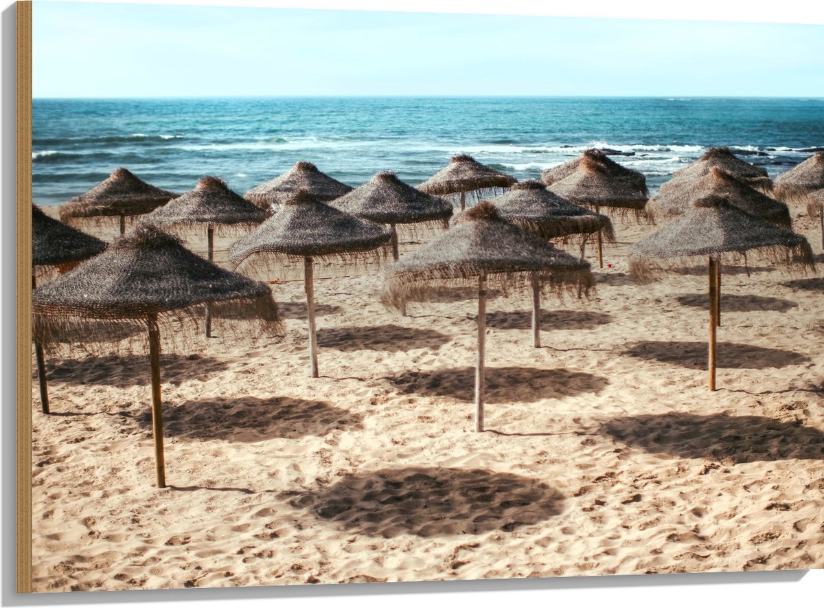 Hout - Zee - Strand - Zand - Parasols - 100x75 cm - 9 mm dik - Foto op Hout (Met Ophangsysteem)